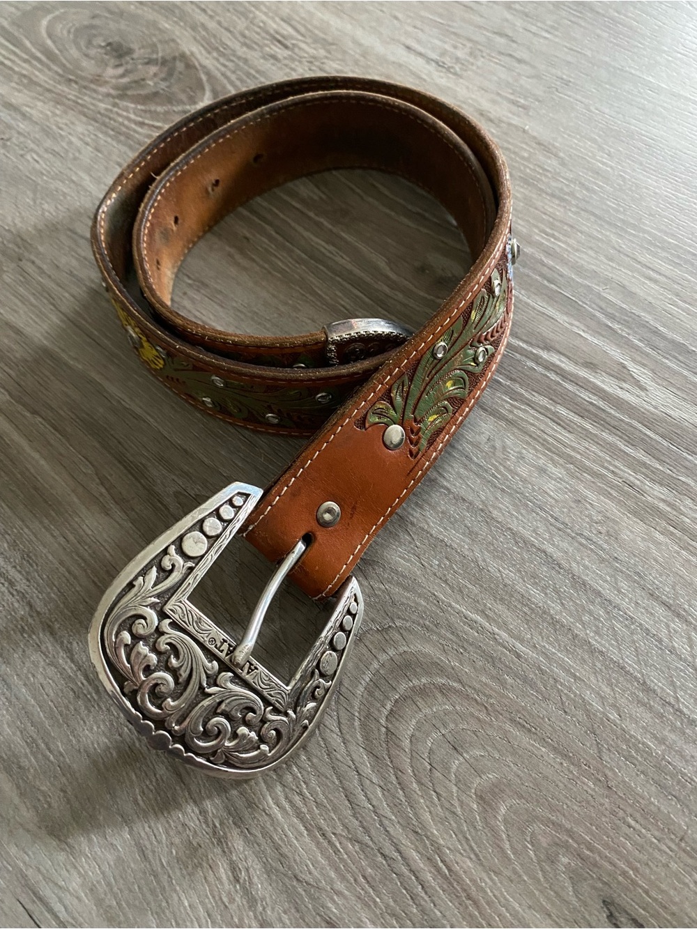Brown Leather Western Belt with Green and Yellow Floral Embossing
